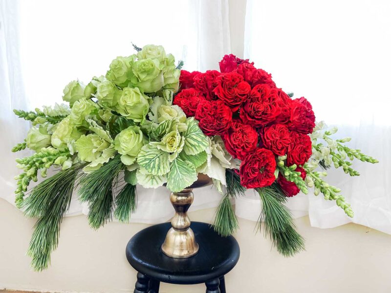 large green and red monochromatic flower arrangement with roses